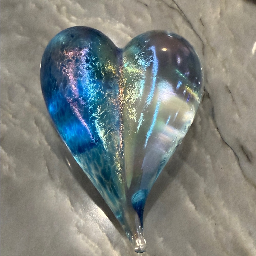 Glass  Iridescent Blue Glass Heart Paperweight